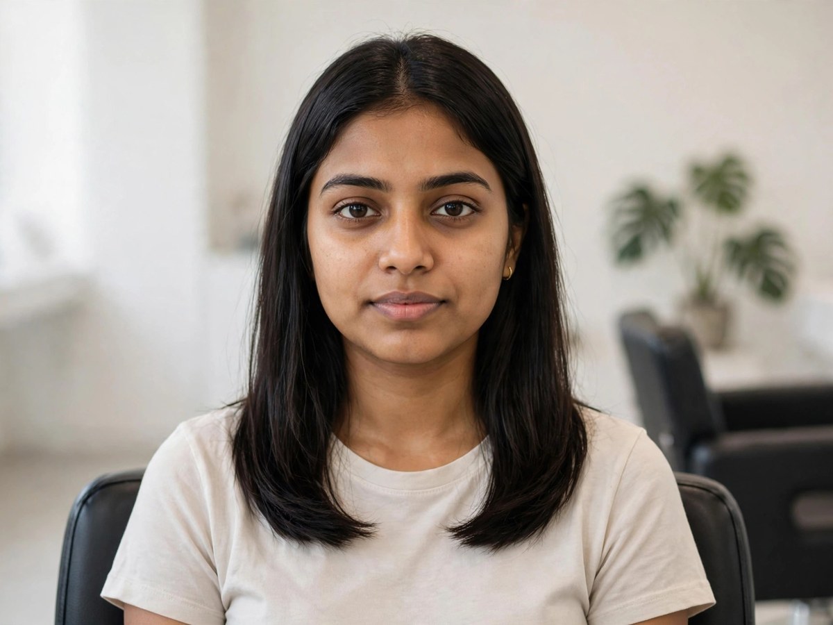 Woman with dull tired look before studio visit